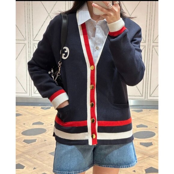 DW0131 Gucci Navy Wool Cardigan With Red & White Trim Gold Buttons Logo - Picture 7 of 7